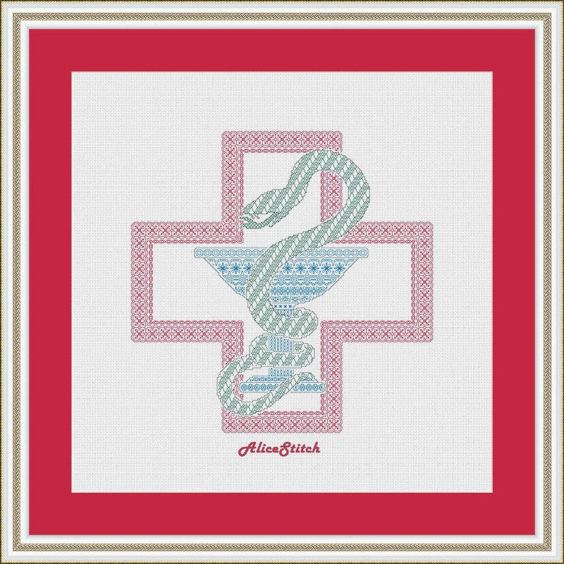 Blackwork Medical Symbol Bowl Snake Red Cross Sampler Ornament Medicine Pharmacy Monochrome Panel Cross Stitch Patterns 4