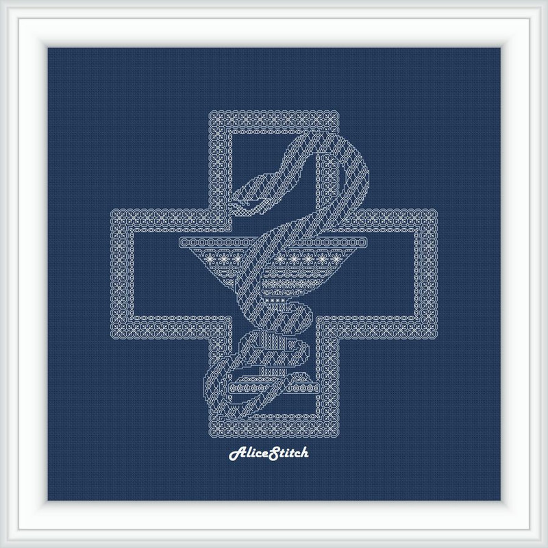 Blackwork Medical Symbol Bowl Snake Red Cross Sampler Ornament Medicine Pharmacy Monochrome Panel Cross Stitch Patterns 5