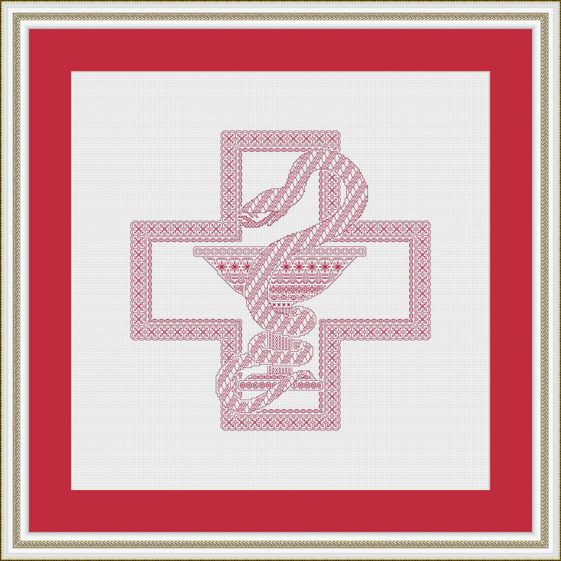 Blackwork Medical Symbol Bowl Snake Red Cross Sampler Ornament Medicine Pharmacy Monochrome Panel Cross Stitch Patterns 7