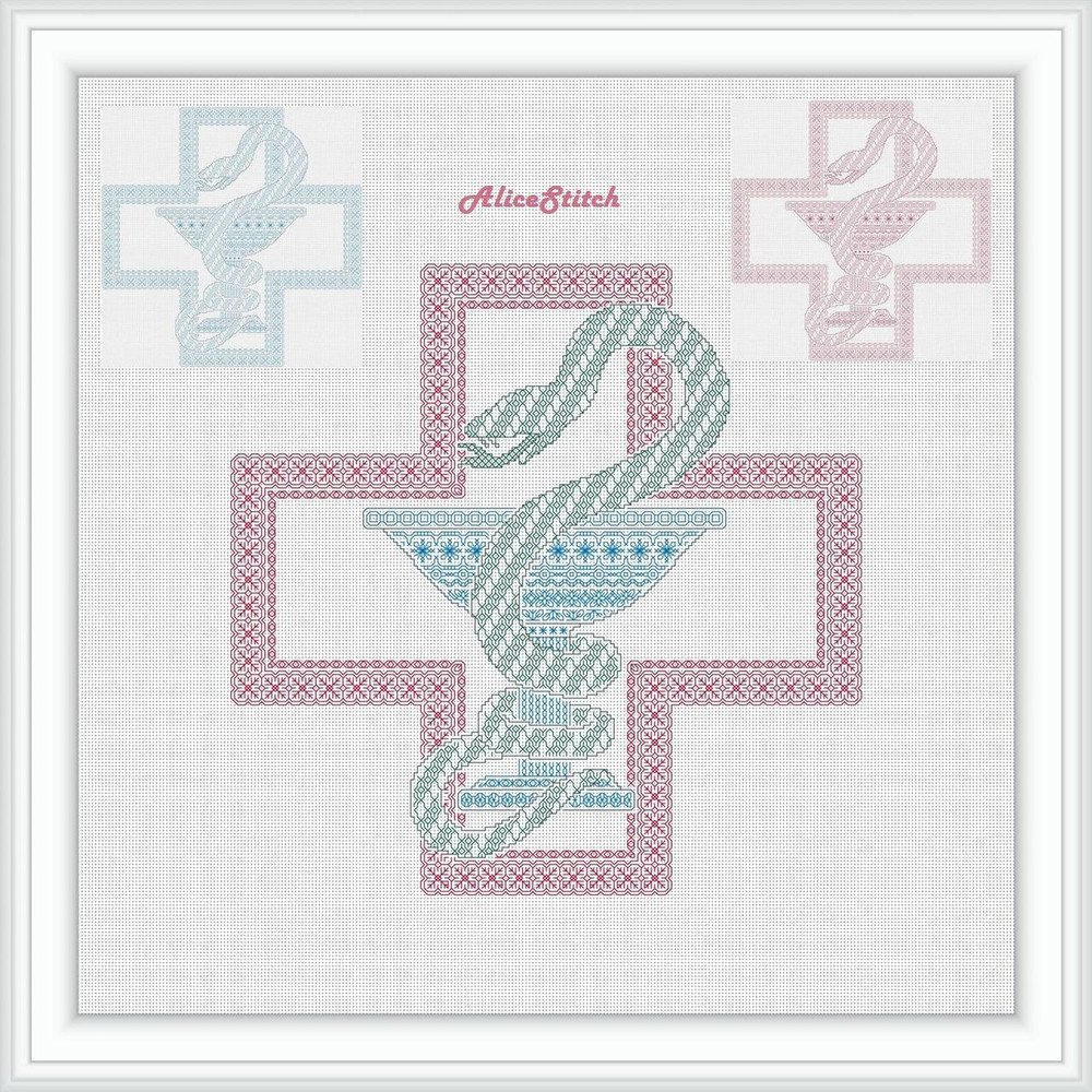 Blackwork Medical Symbol Bowl Snake Red Cross Sampler Ornament Medicine Pharmacy Monochrome Panel Cross Stitch Patterns 0