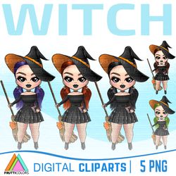 Witch Clipart Set - Halloween Clipart, Cute Fashion Dolls PNG, Magic Clipart, Witch Girl Clipart, Trick Or Treat PNG