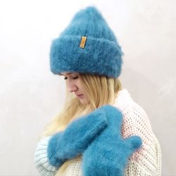 Blue fluffy warm hat and mittens