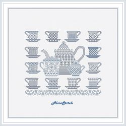 Blackwork Kitchen Tea Teapot Cups Ornament Silhouette Monochrome Kettle Blue counted cross stitch patterns Download PDF