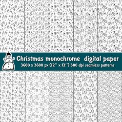 Merry Christmas digital paperpack. Black and whire doodles seamless patterns. Winter festive background.