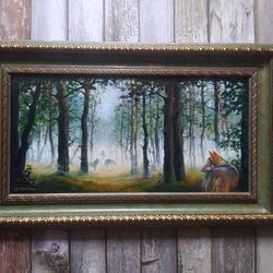 Original oil painting with wolf in the forest, ghost art, Fantasy forest creature