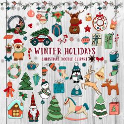 Christmas PNG doodles clipart, winter holiday clipart, Cute Christmas characters clipart