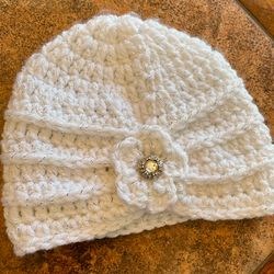 newborn crocheted turban hat, sparkle white baby winter beanie with rhinestone button