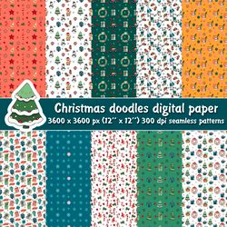 Merry Christmas doodles digital paper,  Christmas winter  seamless patterns