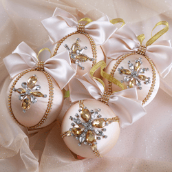 Christmas rhinestones beige ornaments, handmade balls in gift box, Xmas decorations, Tree decor set, New Year tree balls