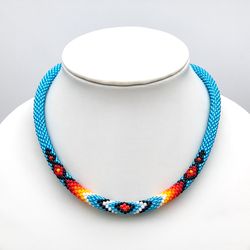blue beaded necklace for women, native american beadwork necklace, beaded crochet rope necklace, seed bead necklace