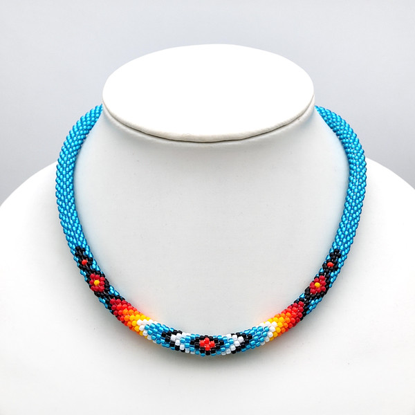 blue beaded crochet necklace