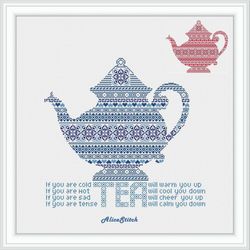 Cross stitch pattern Kitchen Tea Teapot Ornament Silhouette Monochrome Kettle counted crossstitch patterns Download PDF