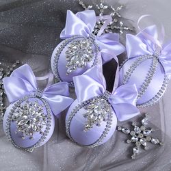 Christmas rhinestones lilac ornaments, handmade balls in gift box, Xmas decorations, Tree decor set, New Year tree balls