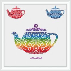 Cross stitch pattern kitchen Teapot silhouette tea ornament rainbow monochrome kettle counted crossstitch patterns PDF