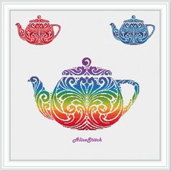 cross stitch pattern kitchen teapot silhouette tea ornament rainbow monochrome kettle counted crossstitch patterns pdf