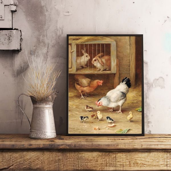 CANVAS ART PRINT Chicken and Chickens Oil Painting | Vintage - Inspire  Uplift