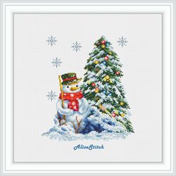 Snowman Christmas tree Cross Stitch Pattern holiday Winter Snowflakes New year counted crossstitch patterns Download PDF