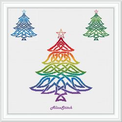 Cross stitch pattern Christmas tree Celtic knot silhouette ethnic ornament rainbow holiday counted cross stitch patterns