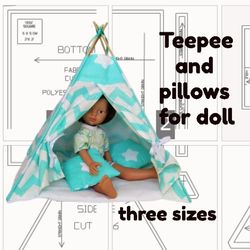 Teepee for doll pdf pattern, teepee and pillows for doll, vigvam for doll, teepee for favorite doll, doll teepee