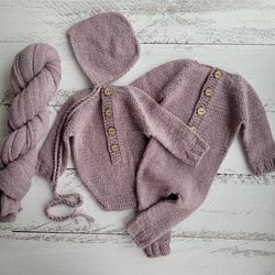 Lilac tweed bonnet, romper, wrap. Newborn photo props