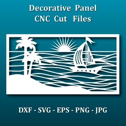 Wall Art Sea View Panel, Laser cut files. Palm beach, ocean waves, sail boats. Vector files for CNC cutting, engraving