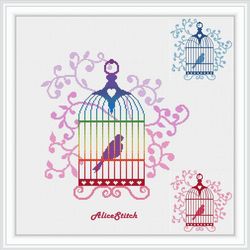 Cross stitch pattern Bird Cage Rainbow Ornament abstract silhouette curls counted crossstitch patterns Download PDF