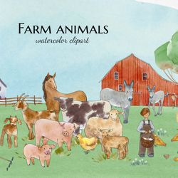 Farm animals clipart, Watercolor kids illustrations, Cottagecore country scene creator, Nursery digital paper