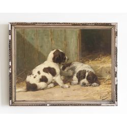 CANVAS ART PRINT | Vintage Saint Bernard Puppies Oil Painting | Victorian Antique Saint Bernard Dog Painting | Puppies