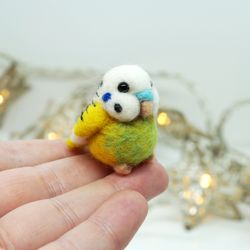 Miniature needle felted yellow and green budgie
