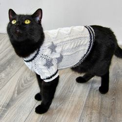 Cat Sweater Folklore, Hand Knitted Taylor Cat Cardigan, Handmade Cable Knit Jumper for Small Dog, Kitten Pet Clothes