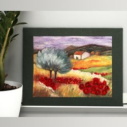 Textille wall art,Felted painting landscape,Farmhouse decor, Hand Embroidery