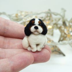Miniature needle felted Cavalier King Charles spaniel, black and white dog