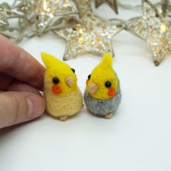 Pair of miniature needle felted cockatiels, gray and yellow cockatiels, miniature birds, ship from the USA
