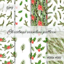 Watercolor Christmas Seamless Pattern / Digital Paper Pack / Winter Christmas Berries / Holly Berry / Pine Branch