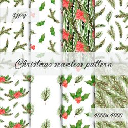 watercolor christmas seamless pattern / digital paper pack / winter christmas berries / holly berry / pine branch