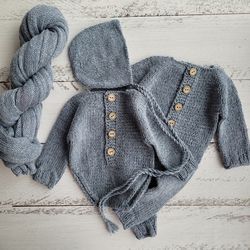 Light blue tweed bonnet, romper, wrap. Newborn photo props