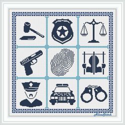 Cross stitch pattern Sampler Police policeman car handcuffs silhouette monochrome profession counted crossstitch pattern