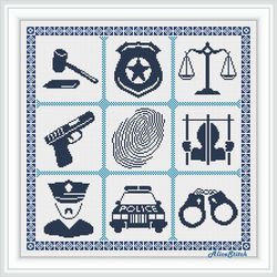 cross stitch pattern sampler police policeman car handcuffs silhouette monochrome profession counted crossstitch pattern