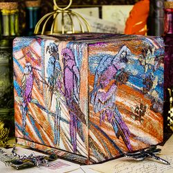 Glitter Parrots on the Colorful Background Mixed Media Collage Tissue Box Cover Square Wood