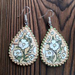Apple blossom handmade earrings, Painting wood earrings, Gift for Her