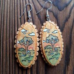 Landscape earrings, Painting wood earrings, Gift for Her