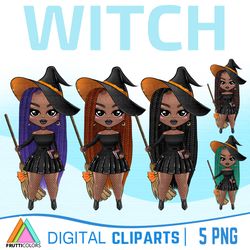 African American Witch Clipart Set - Halloween Clipart, Cute Fashion Dolls PNG, Magic Clipart, Witch Girl Clipart