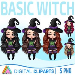 Basic Witch Clipart Set - Halloween Clipart, Fashion Dolls PNG, Magic Clipart, Witch Girl Clipart, Trick Or Treat PNG