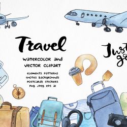 Watercolor travel clipart | illustrations, quotes, seamless patterns