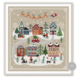 Cross Stitch Pattern Merry Christmas, Santa Claus over the Village, Christmas Holidays, Merry Christmas Sampler PDF 253
