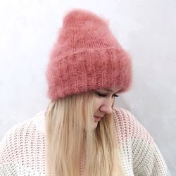 Fluffy warm pink hat