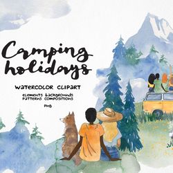 watercolor camping travel clipart, mountain landscape illustration clip art
