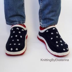Mens Knit Slippers USA American Flag Socks Travel Slippers Men House Shoes Patriotic Clothing Knitted Moccasin Fathers