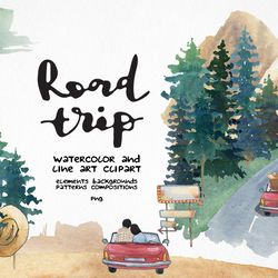 road trip clipart, watercolor car travel illustration, mountain landscape background
