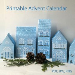 Printable Christmas Advent calendar from blue paper houses in PDF, JPG and PNG formats